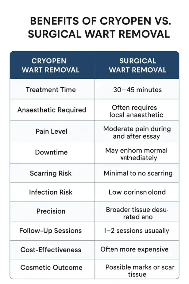 Table showing the benefits of cryopen to remove warts Kensington compared to surgical treatment